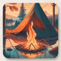 Tent and Campfire Vintage Colors Art Beverage Coaster