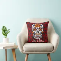 Sugar Skull Cinco de Mayo Red Floral Name Throw Pillow