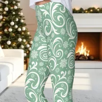 Green and White Winter Swirl Christmas  Leggings