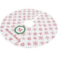 Wreath Monogram Your Name White & Red Snowflakes Brushed Polyester Tree Skirt