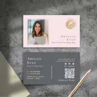 Modern Glitter Gold Feather Blush Pink Photo Business Card