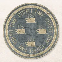Coffee Time Gold on Slate Round Paper Coaster