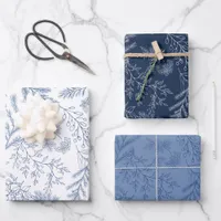 Elegant Blue Monochrome Rustic Winter Botanicals Wrapping Paper Sheets