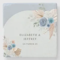 Rustic Elegant Boho Dusty Blue Pampas Wedding Stone Coaster