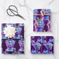 Beautiful Woman in Blue and Purple Icy Glass  Wrapping Paper Sheets