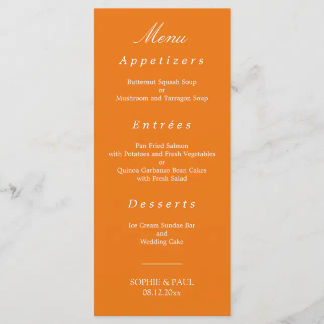 Vibrant Orange Wedding Menu