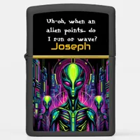 Enigmatic extraterrestrial figure stands zippo lighter