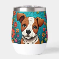 Cute Puppy with Whimsical Folk Art Flowers Thermal Wine Tumbler