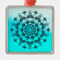 Aqua Blue Mandala Abstract Beautiful Christmas Metal Ornament