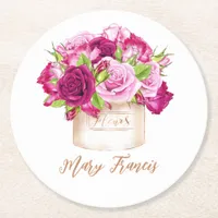 Burgundy and Pink Roses Round Paper Coaster