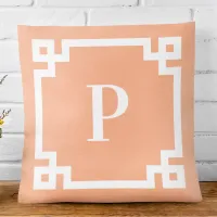 Peach and White Greek Key Border Monogram Throw Pillow