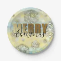 Shiny Filigree Snowflakes Gold Merry Christmas Paper Plates