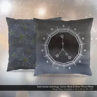 Dark Zodiac Astrology: Cancer Black & Silver Throw Pillow