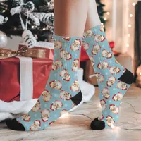 Vintage Retro Santa Claus Blue Christmas Pattern Socks