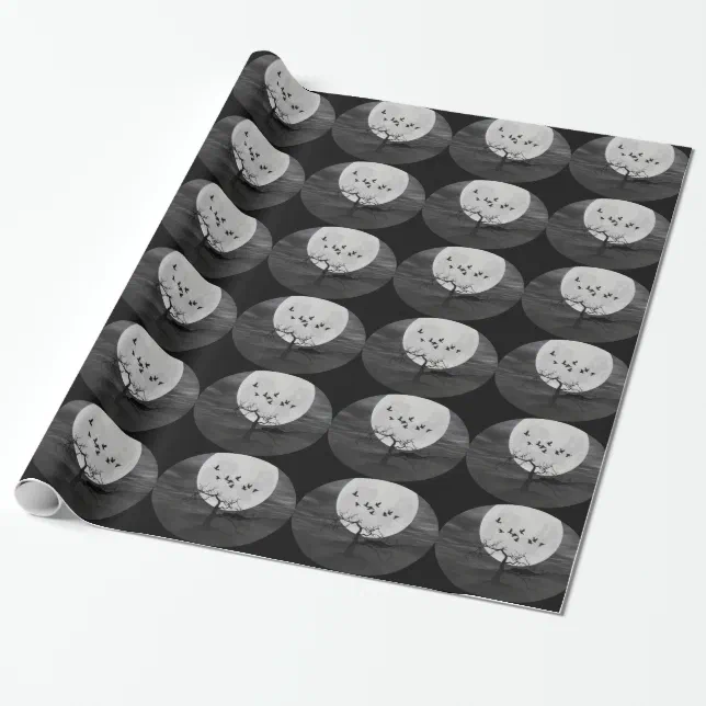 Spooky Ravens Flying Against the Full Moon Wrapping Paper