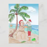 Santa on the Beach Building a Sand Snowman Postcard