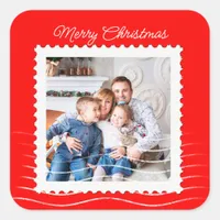 Christmas Postage Stamp Modern Photo Red Square Sticker