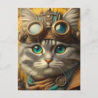 an adorable steampunk grey cat postcard