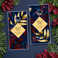 Burgundy, Navy and Gold Tropical Beach House Cornhole Set