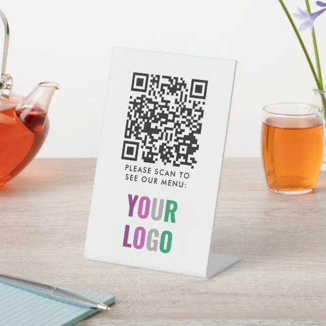 QR Code White Menu Logo Contactless Modern Cafe Pedestal Sign