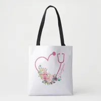 Pink Floral Stethoscope Heart Caregiver Tote Bag