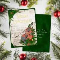 Elegant Vintage Christmas Music Violin Green Gold Foil Holiday Card