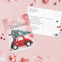 Vintage Red Car with a Christmas Tree Tied to Roof Holiday Postcard