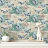 Watercolor Whales and Coral Wallpaper Wallpaper