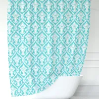 Turquoise Blue and White Damask Shower Curtain