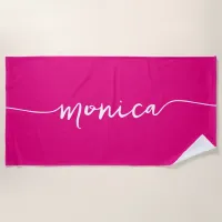 Modern Signature with Swashes Name Hot Pink Beach Towel