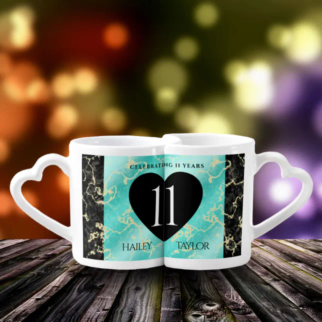 Elegant 11th Turquoise Wedding Anniversary Coffee Mug Set