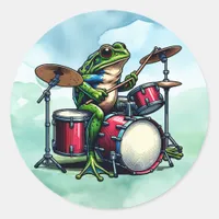 Funny Cartoon Frog Playing the Drums Classic Round Sticker