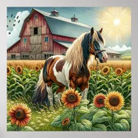 Spotted Horse, Rustic Barn, Sun Rising on Farm Poster