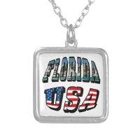 Florida State and USA Flag Text Silver Plated Necklace