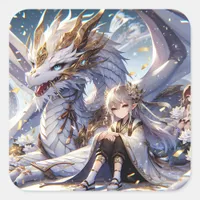 Anime Girl and White and Gold Dragon  Square Sticker