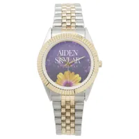 Elegant Golden Daisy with Purple Glitter Wedding Watch