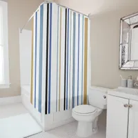 Blue white gold Stripes Beach bathroom coastal Shower Curtain