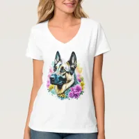 German Shepherd in Pink and Yellow Flowers T-Shirt