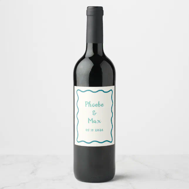Handwritten Bold Whimsical Wavy Border Wedding  Wine Label