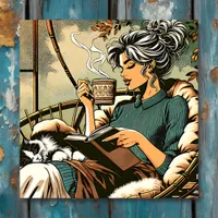 Cozy Lady Reading with Coffee and Cat Card Metal Print