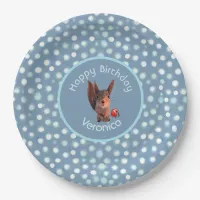 Blue Grey Squirrel Birthday Paper Plate with Dots