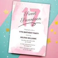 Watercolor Pink Sweet Seventeen 17th Birthday  Invitation