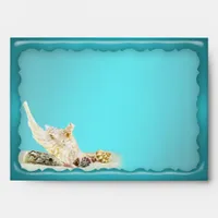 Seashell Beach Teal Blue Metallic Wedding Envelope