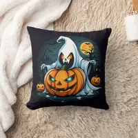 Ghost with glowing pumpkins on Halloween Throw Pillow