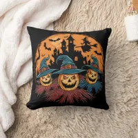 Halloween scarecrow trio in a spooky backdrop throw pillow