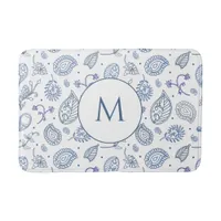 Paisley Pattern Navy Blue White Boho Monogram Bath Mat