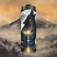 Mystical Wolf Howling at Moon Surreal  Thermal Tumbler