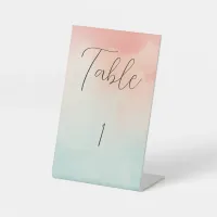 Minimalist Peach & Turquoise Wedding Table Number  Pedestal Sign