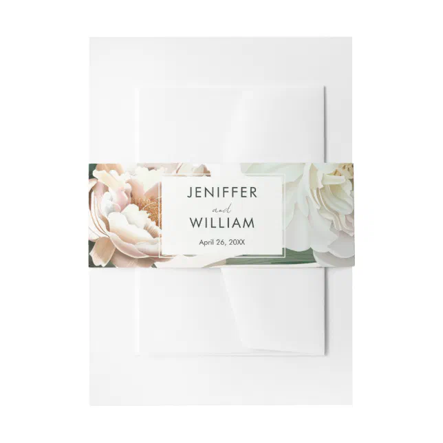 Peach White Peonies & Green Leaves Floral Wedding Invitation Belly Band