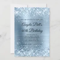 Glittery Light Blue Foil Monogram 40th Birthday Invitation